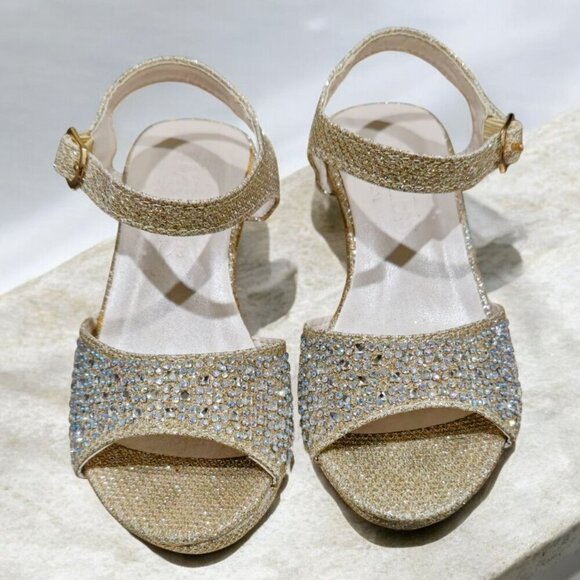 David’s Bridal ✦ Glitter Wedge Sandals ✦ Gold w/ Rhinestones Buckle Strap 9T - Picture 8 of 16